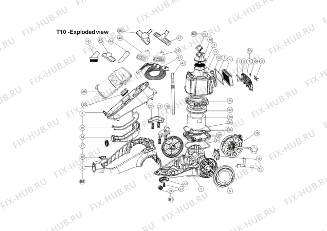 Взрыв-схема пылесоса Aeg ATT7920BP - Схема узла Internal parts